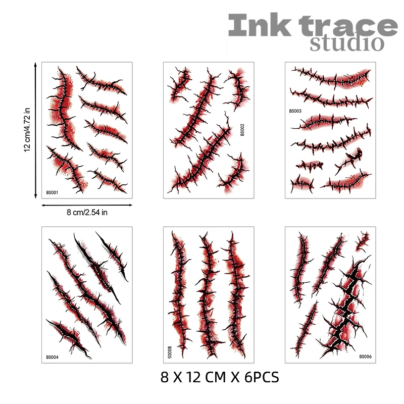 6PCS waterproof, realistic Halloween party wound and scar tattoo stickers, for trick-or-treat make-up (ideal for Halloween)