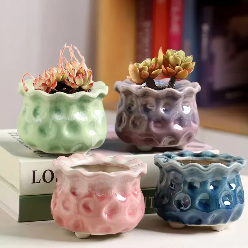 Round Mouth Corrugated Succulent Ceramic Flowerpot,Ice Cracked Hole,Cat Eye Lotus Mouth Succulent Pot Plant,Desktop Decoration