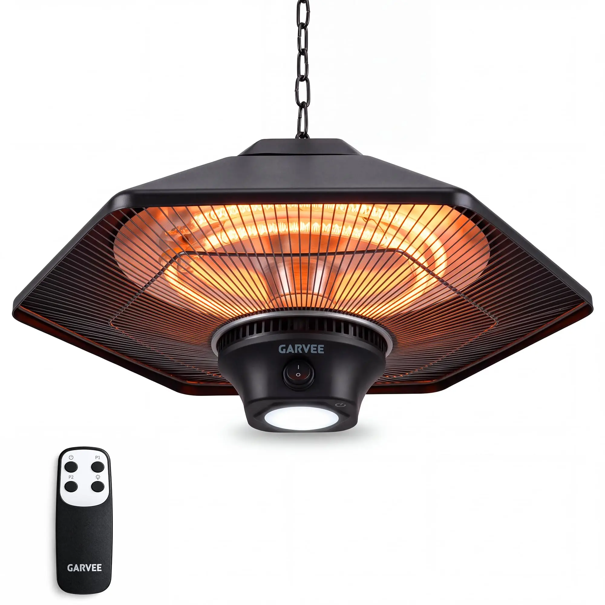 1500W Hanging Patio Heater With Remote, Ceiling Mounted Electric Infrared Heater, 3 Heating Levels, IP34, LED Light, For Gazebo