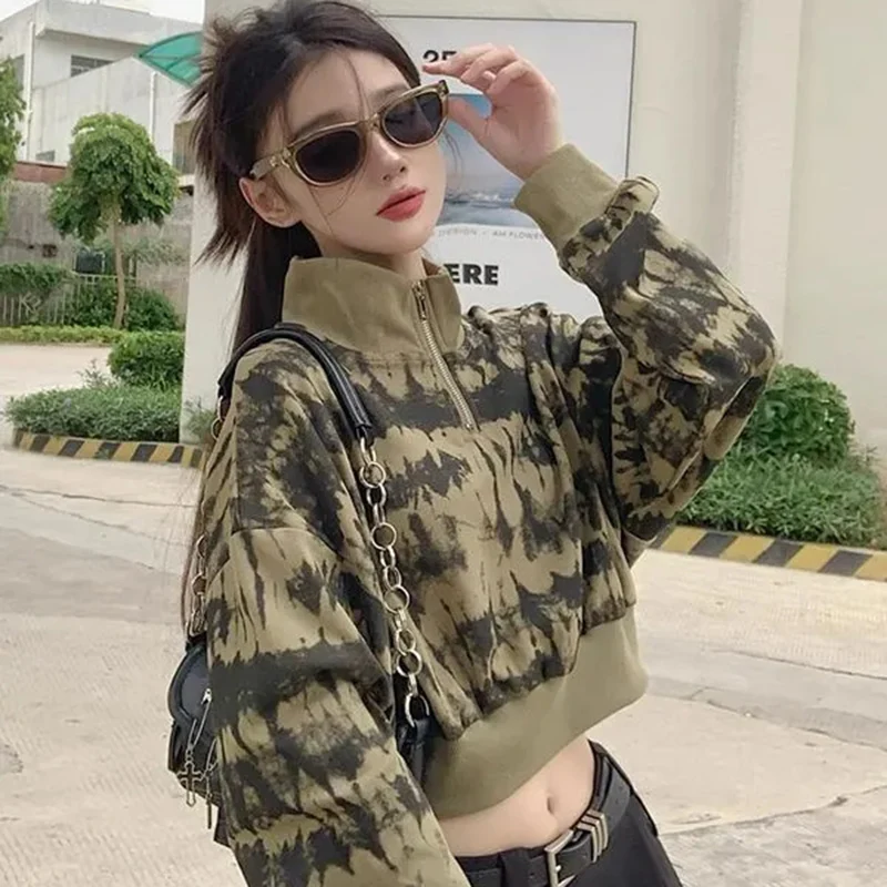 

GIDYQ American Retro Green TieDye Sweatshirt Women Y2k Streetwear Zipper Stand Neck Long Sleeve Crop Top Harajuku Casual Hoodies