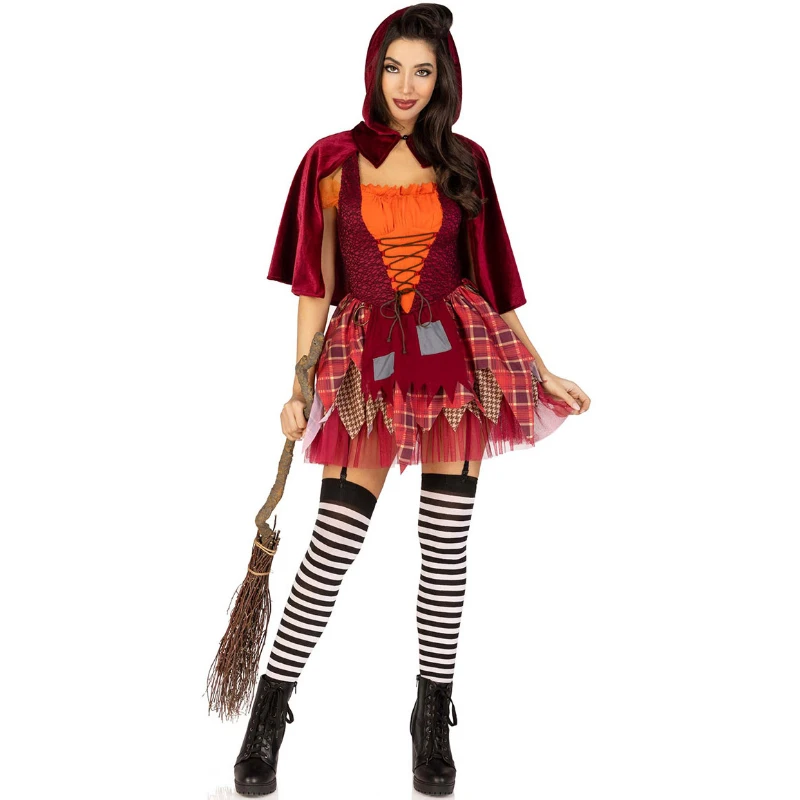 

Halloween Cosplay Hooded Short Cape Color Blocked Suspender Dress Witch Event Fairy Tale Role Playing Outfit Costumes