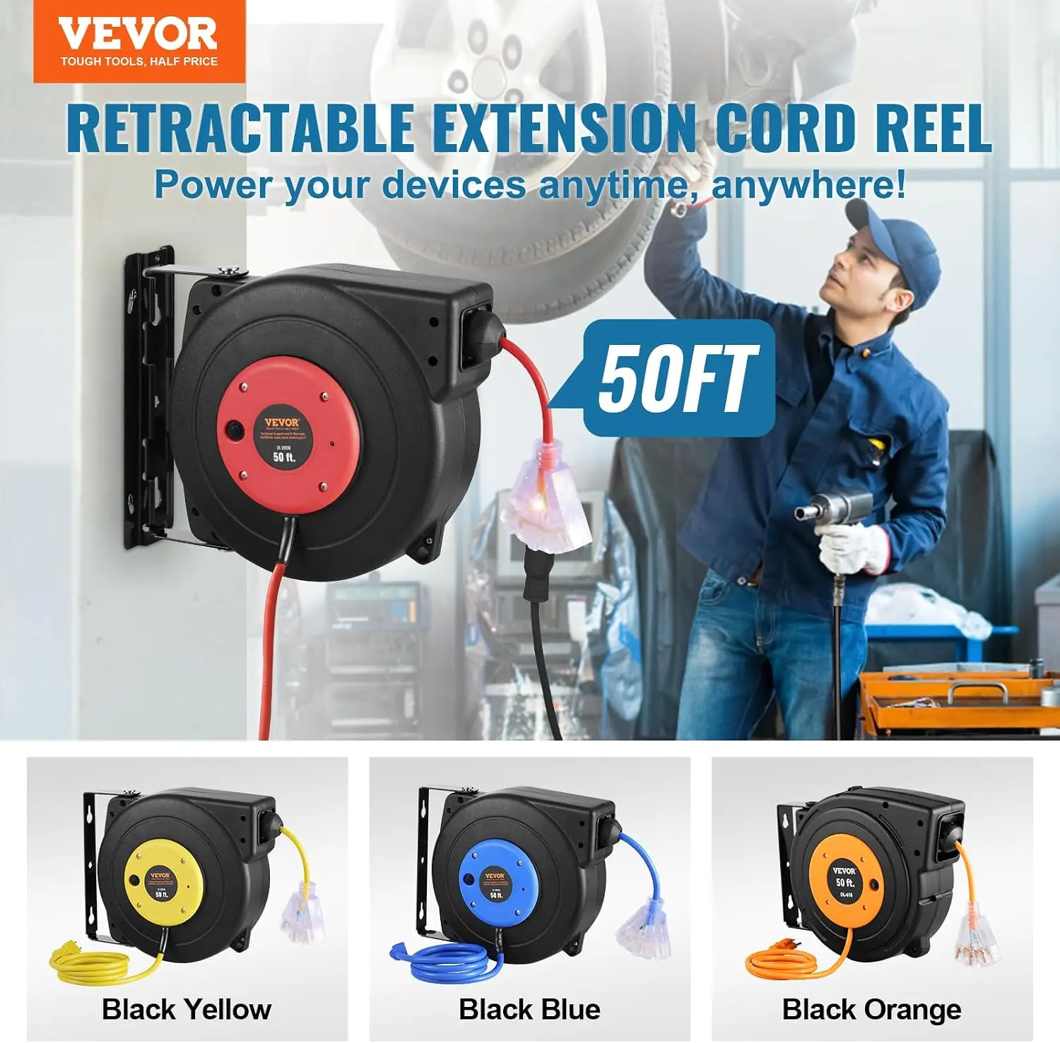 Retractable Extension Cord Reel, 50 FT, Heavy Duty 14AWG/3C SJTOW Extension Power Cord with Lighted Triple Tap Outlet, 13A Circu
