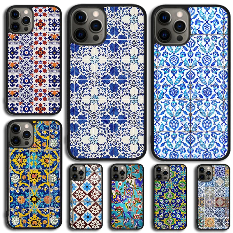 Ancient Floral Tiles Phone Case Cover For iPhone 15 16 14 XR XS 11 12 13 Mini Pro MAX Plus