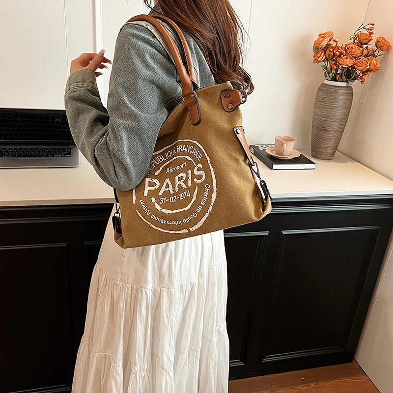 New Portable Canvas Fashion Women\'s Bag Letters Large Capacity Tote Bag Leisure Commuting Single Shoulder Diagonal Span