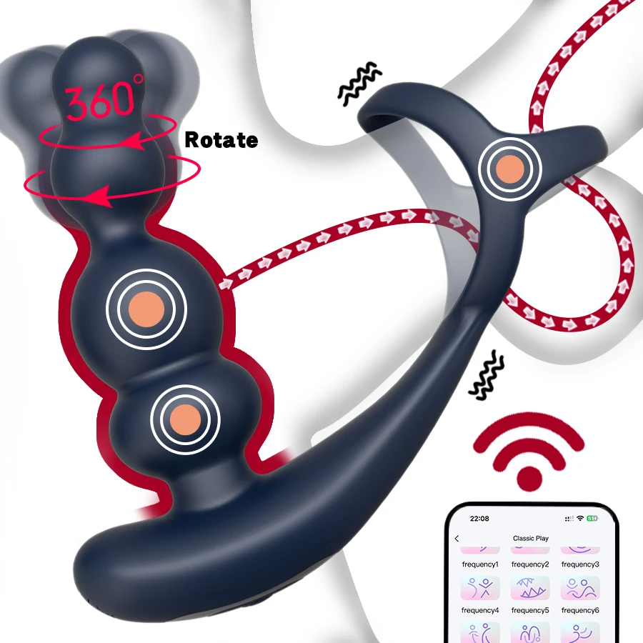 Dual motor Male Prostate Massager Vibrator 360°Rotate Anal Plugs Ring Penis, APP Wireless Control Sex Toy for Men Masturbator