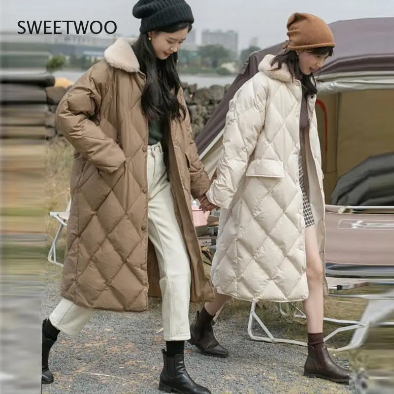 

Winter Women Fur Collar Oversize Rhombus Pattern Long Parkas Pocket Female Warm Long Cotton Overcoat Single Breasted Outwears