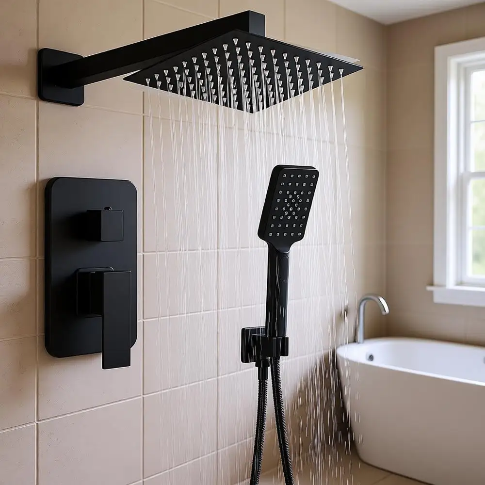 

8 Inch Shower System with Tub Spout, Black Shower Faucet Set, Square High-Pressure Shower, 2-Setting Handheld Faucets Sets, Wall