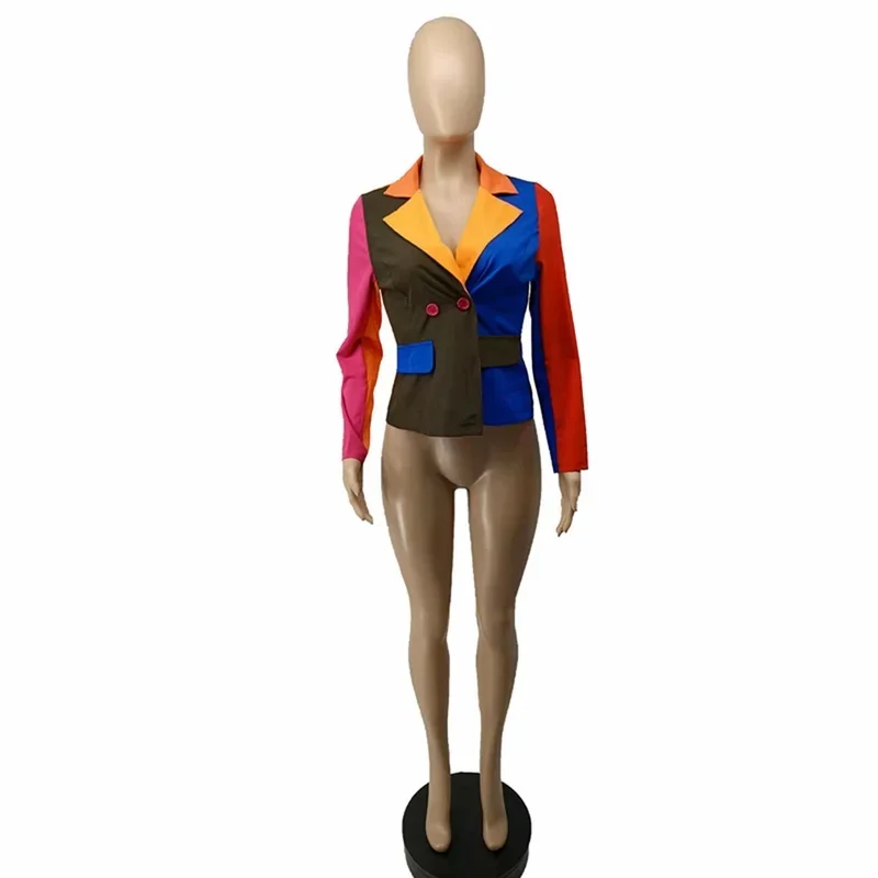 V-Neck Single Button Casual Office Blazer With Fake Pocket Oversized New Work Wear Indie Contrast Colors Blazer Women Patchwork
