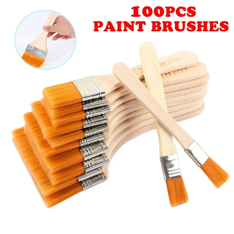 

100pcs Nylon Paint Brush Different Size Wooden Handle Oil Painting Drawing Brushes for Acrylic Oil Painting School Art Supplies