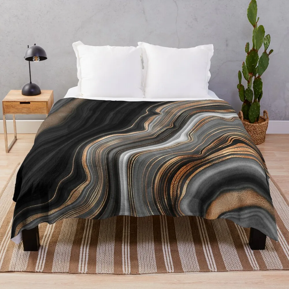 

Elegant Black and Gray Faux Marble with Gold Veins Throw Blanket Custom Cute Fashion Sofas Plaid Blankets