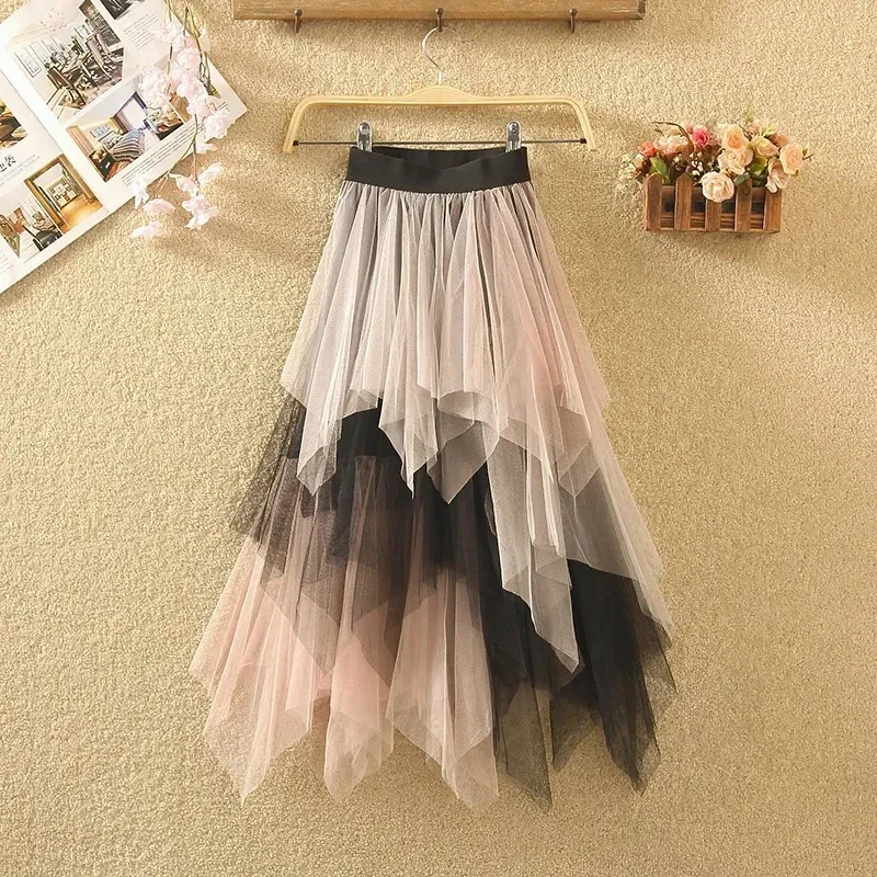 GIDYQ Gothic Irregular Tulle Skirt Women Vintage Black Grey Patchwork Mesh Skirt Elastic High Waist A Line Ball Gown Midi Skirts