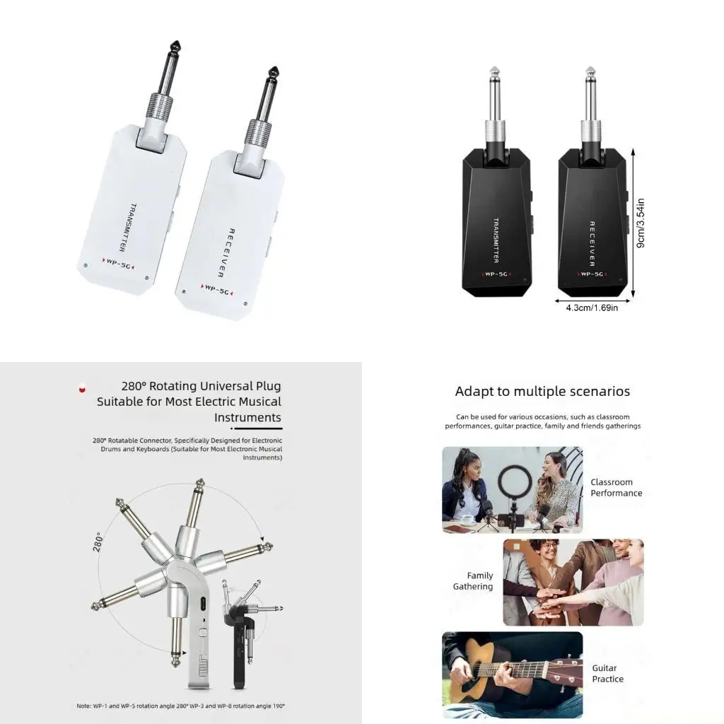 Unidad guitarra móvil profesional M5TC que ofrece 30 m alcance, velocidad 5,8 GHz, sonido estándar 24 bits y 8