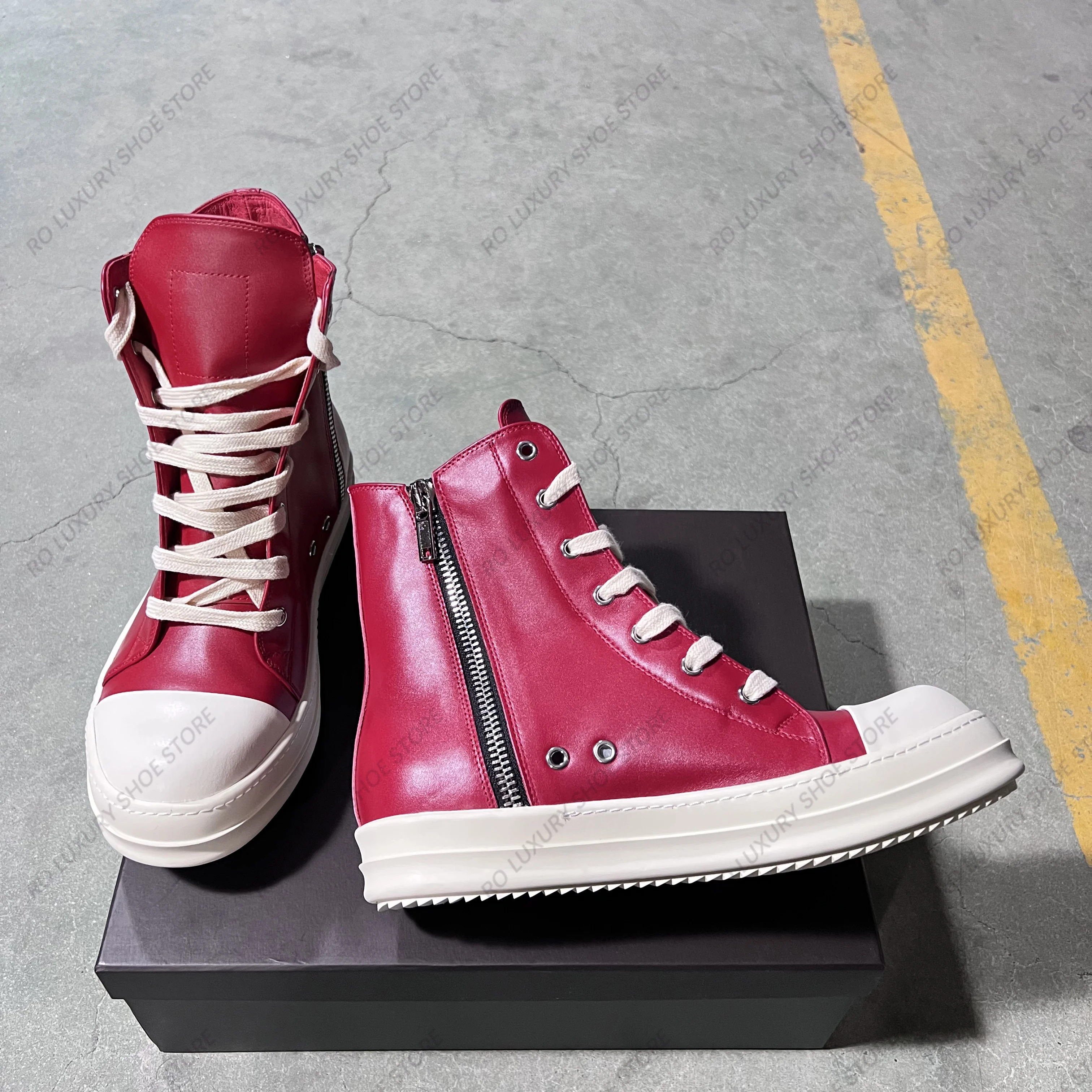 Brand Luxury Men Shoe High Top Women Sneaker Red Cow Leather Classic Quality Platform Trainer Breathable Street Flats