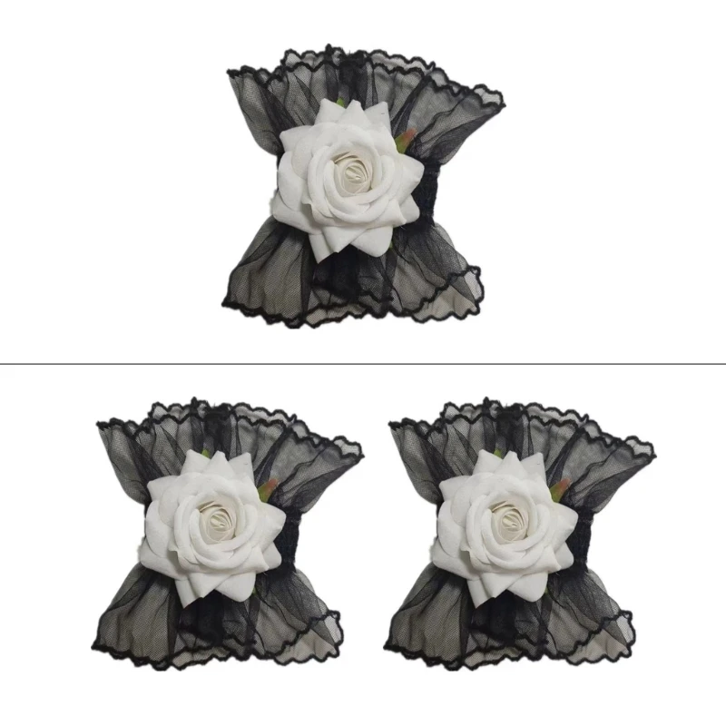 Shirt Sweater Rose Decor Flared Fake Sleeve Wrist Cuffs Lace Pattern Decorative Sleeves Woman Wrist Clothing Accessory