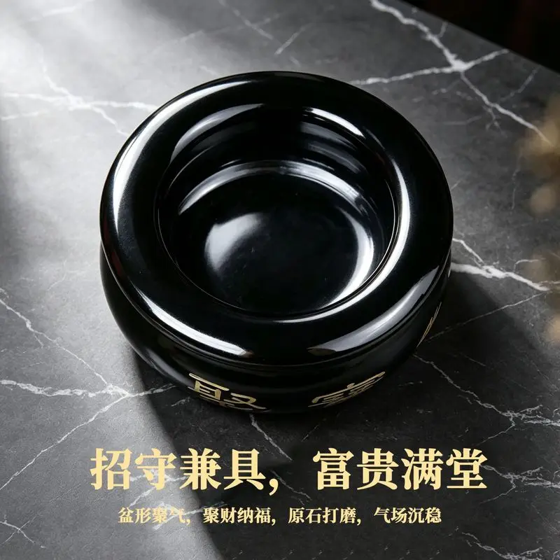 Natural obsidian treasure bowl, black jade treasure bowl, feng shui fortune-attracting ornament, living room entrance foyer deco