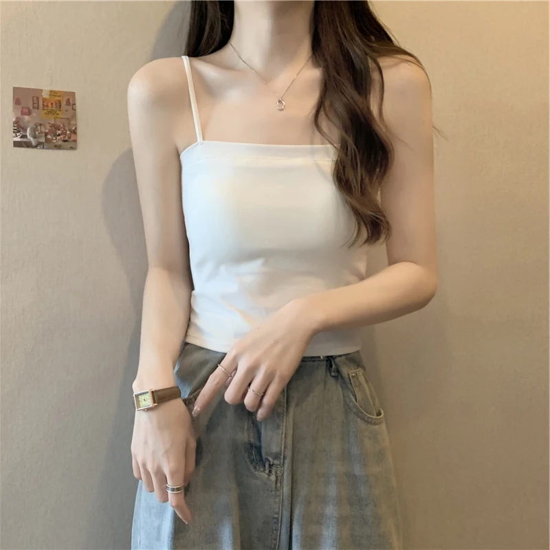Chic Strap Vest Women Summer with Chest Pad Inner Wear Beautiful Back Bra Integrated Underwear Base Plain Mouth Top