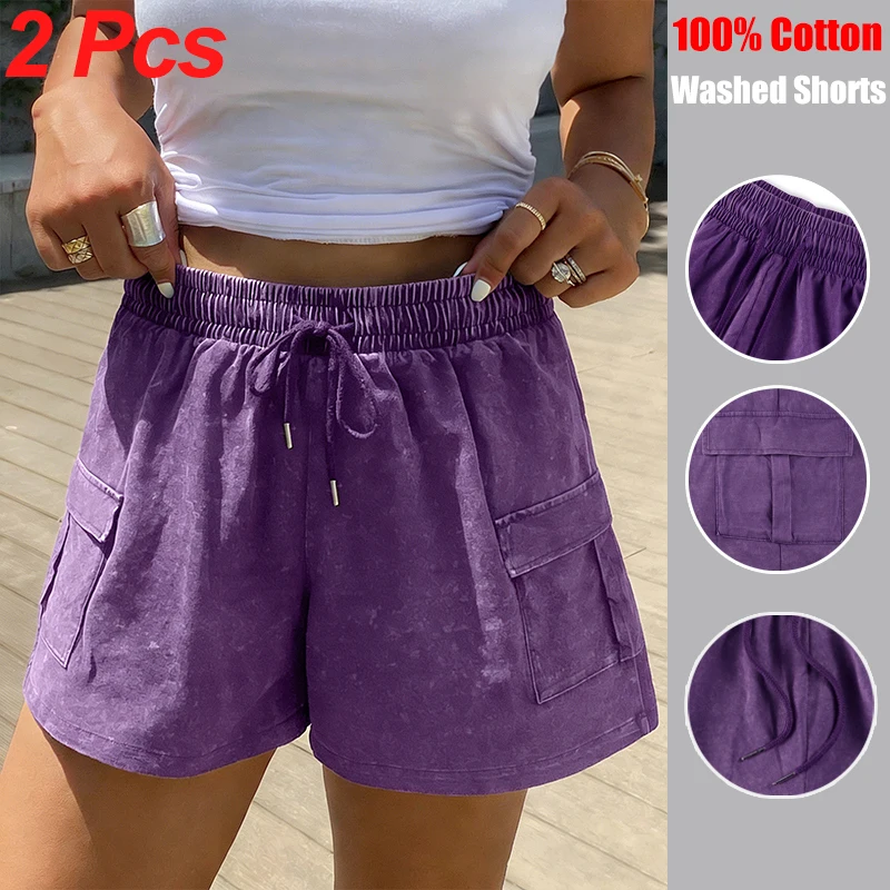 

Комплект из 2 хлопковых шорт с эффектом потертости для женщин: модные свободные спортивные шорты с карманами, винтажные пляжные шорты, повседневные удобные спортивные шорты для улицы