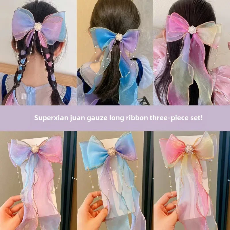 Gradient Streamer Hairpin Kidsren Princess Girl Rainbow Bow Braided Hair Headdress Princess Clip Ponytail Hairpin