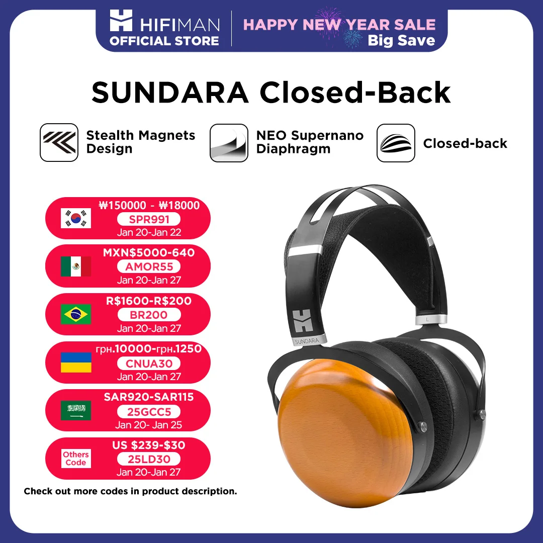 

HIFIMAN SUNDARA Closed-Back Over-Ear Planar Magnetic Wired Hi-Fi Headphones with Stealth Magnet Design, Wood Ear Cups