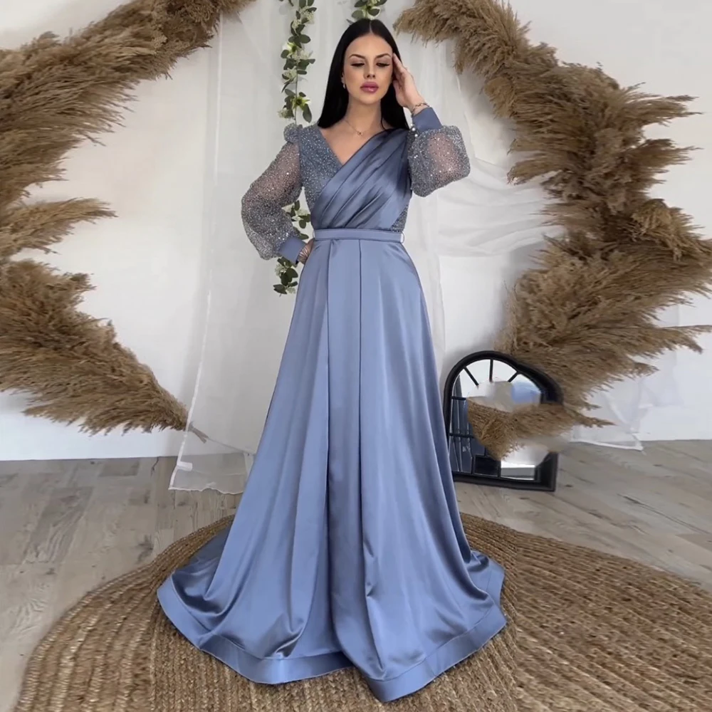 

Eightale Elegant Prom Dresses V-Neck Glitter Long Sleeves A-Line Satin Blue Evening Party Gowns vestidos de graduación