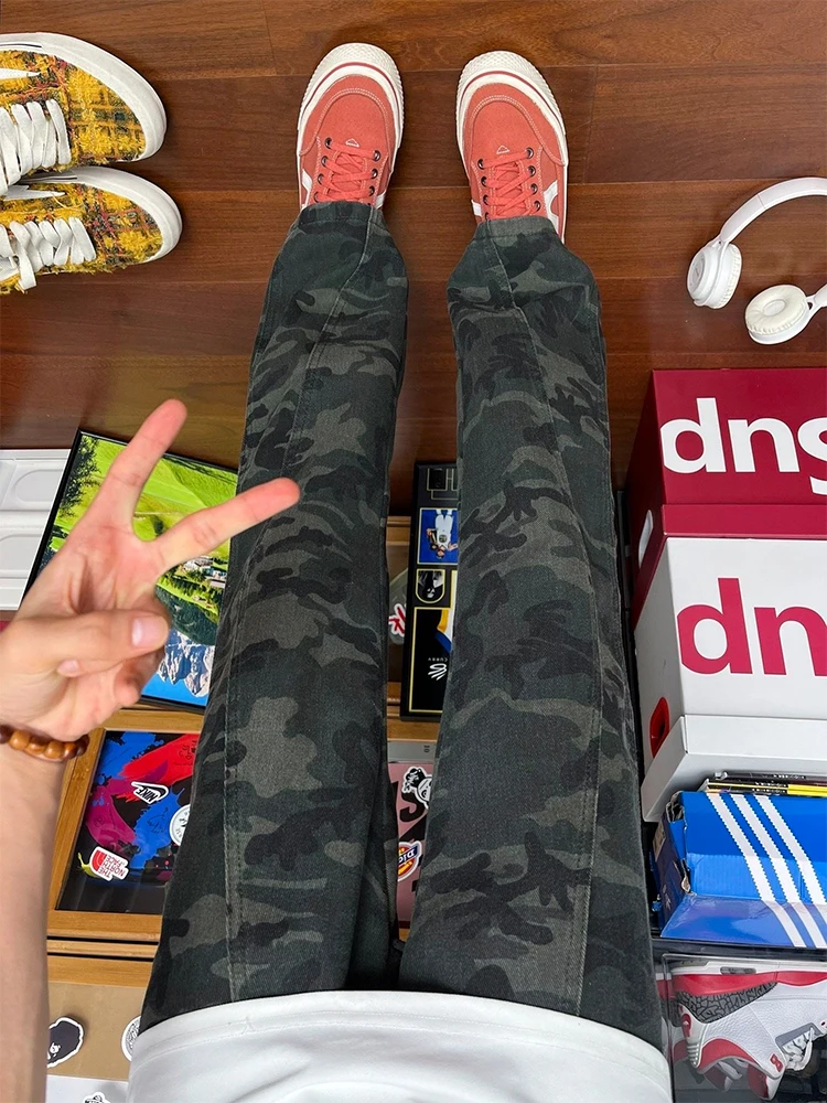 

Retro American Camouflage Pants Men's Trendy High Street Vibe Flared Jeans mid Waist Straight Leg Denim Autumn Faion