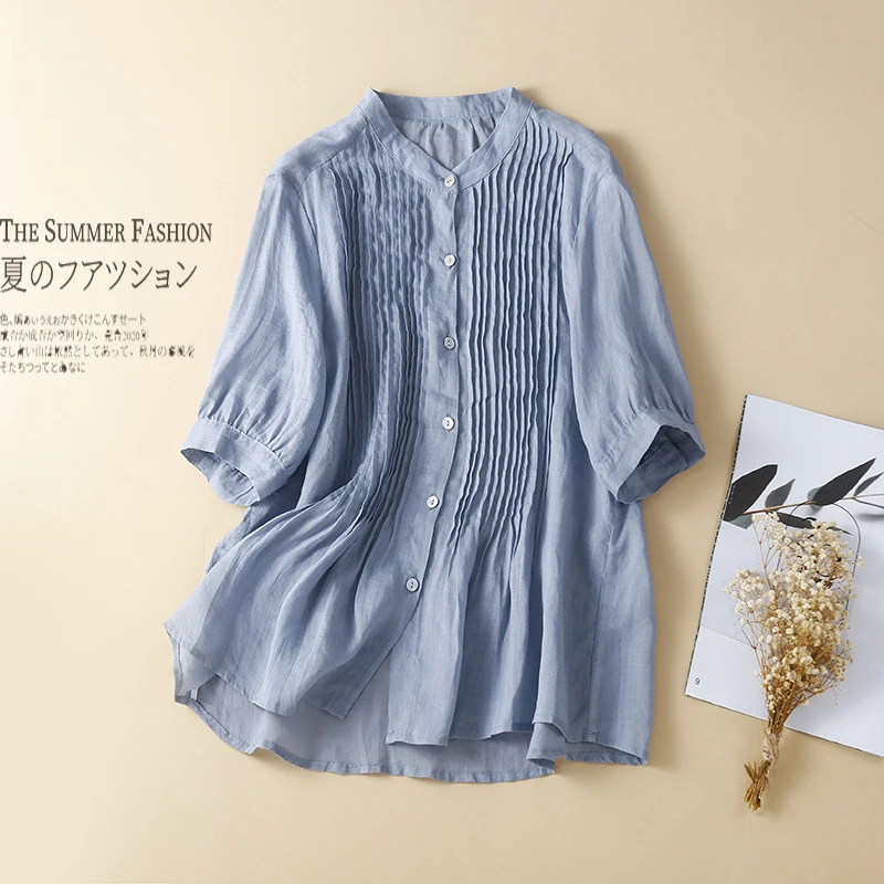 Women Cotton Linen Pleated Shirts New 2022 Summer Short Sleeve Vintage Solid Loose Comfortable Female Tops and Blouses