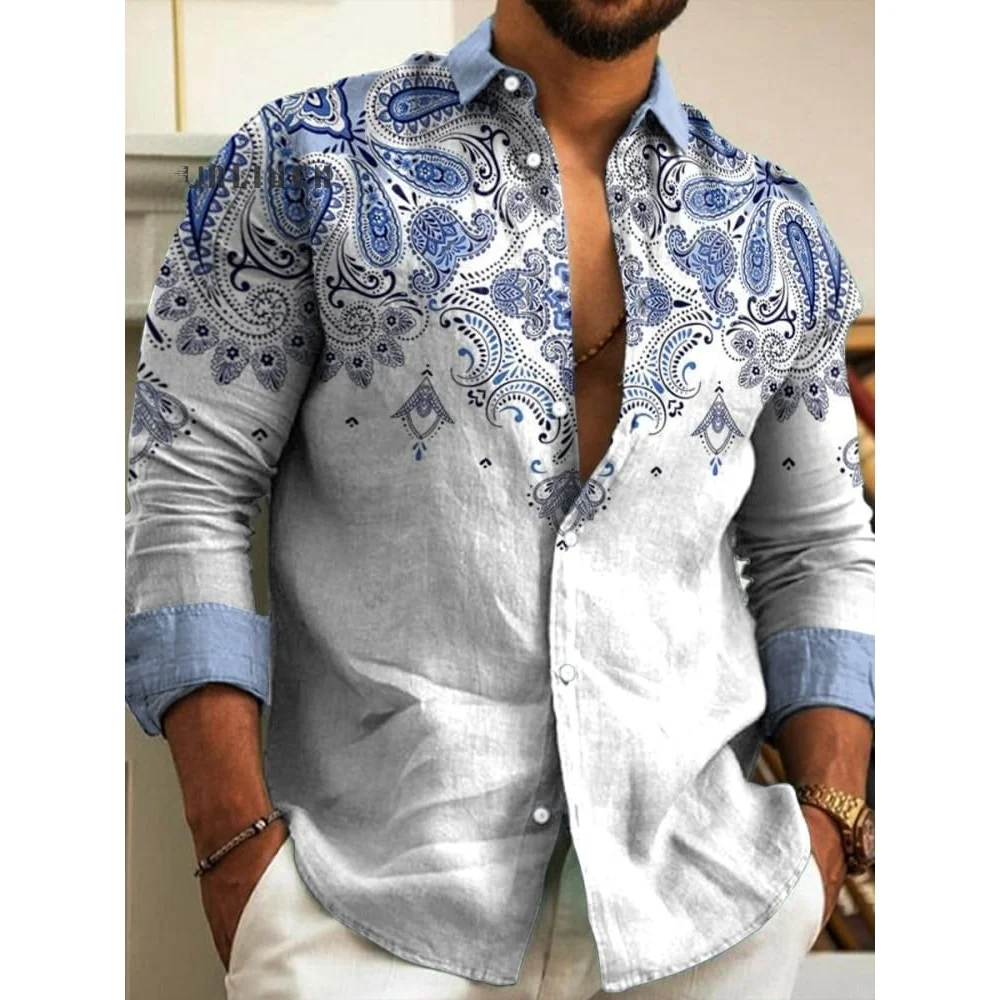 Men's Linen Long Sleeved Shirt With Printed Shirt Retro Casual Fashion Shirt Comfortable Ethnic Pattern And Pattern Male Top ﻿