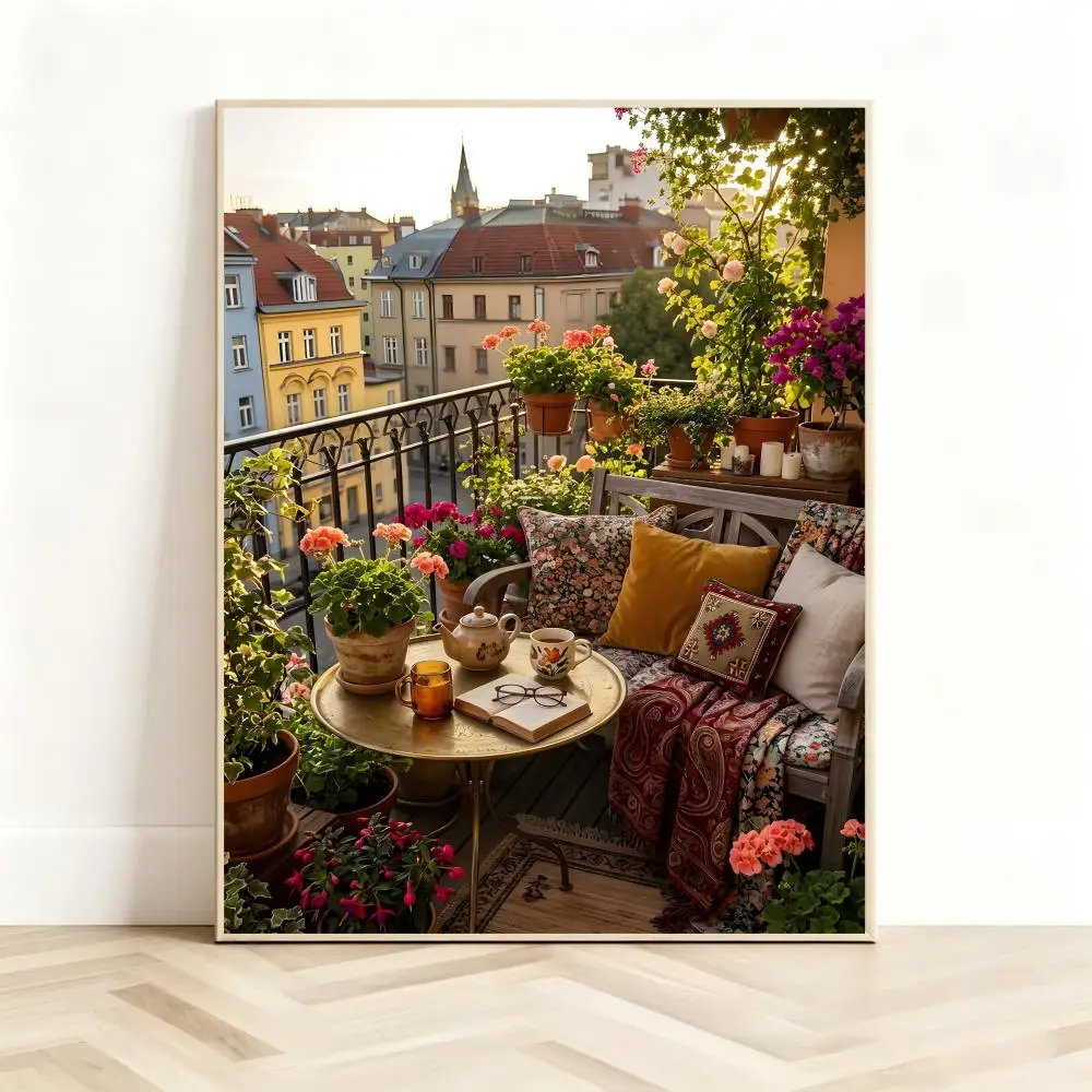 Refreshing Scenery Art B-Balcony Breeze Poster Classic Self-Adhesive PP Wall Sticker for Living Room Bar Decor Gift