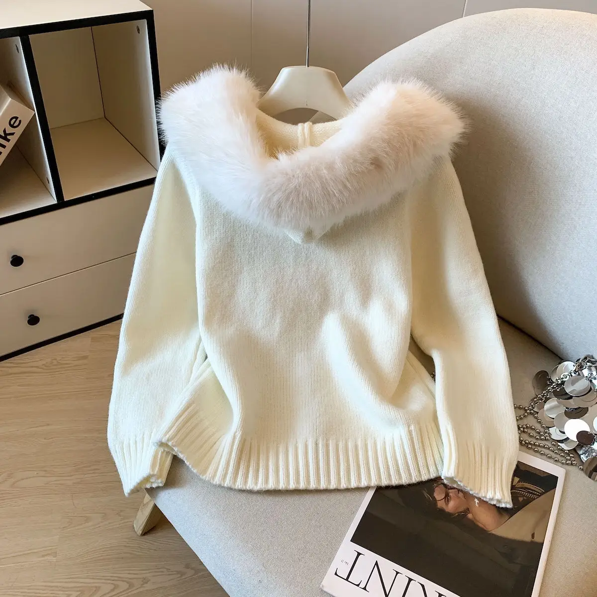 

Lazin Sle Knitted Sweater Coat with Hat Thiened Large Fur Collar ort Open Cardigan Autumn Winter New Arrival Faion