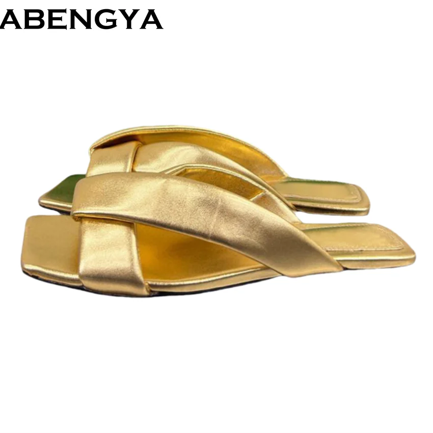 

Summer Real Leather Flat Slippers For Women Square Toe Casual Beach Slides Holiday Flats Casual Shoes For Women Slippers