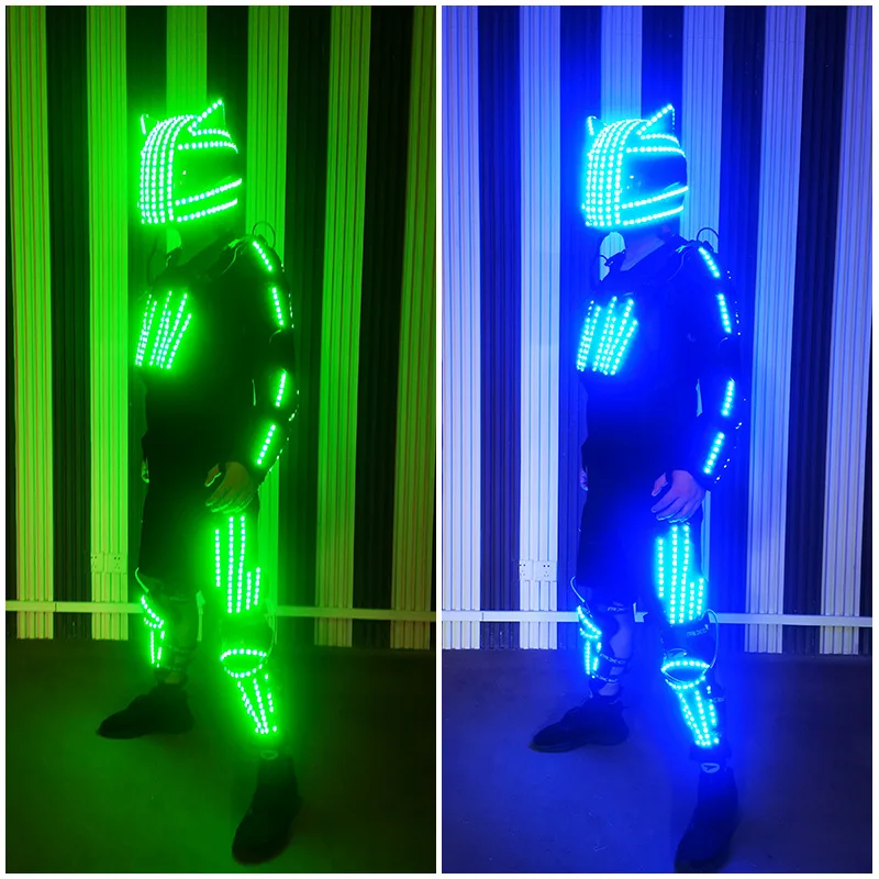 LED Costumes Men Adult Light Up Luminous Robot Dance Wear Bar Nightclub Light Up Helmet with Ear Armor Atmosphere Rave Outfit