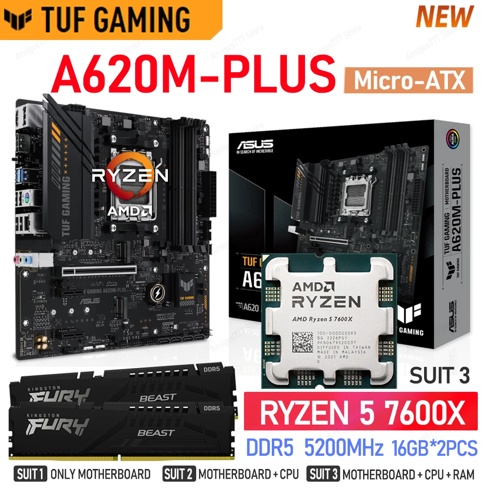 

ASUS TUF GAMING A620M PLUS AMD A620 AM5 материнская плата + ЦП R5 7600X с памятью DDR5 5200 МГц 16 ГБ * 2 шт. Wi-Fi 6 USB 3,2 Новинка