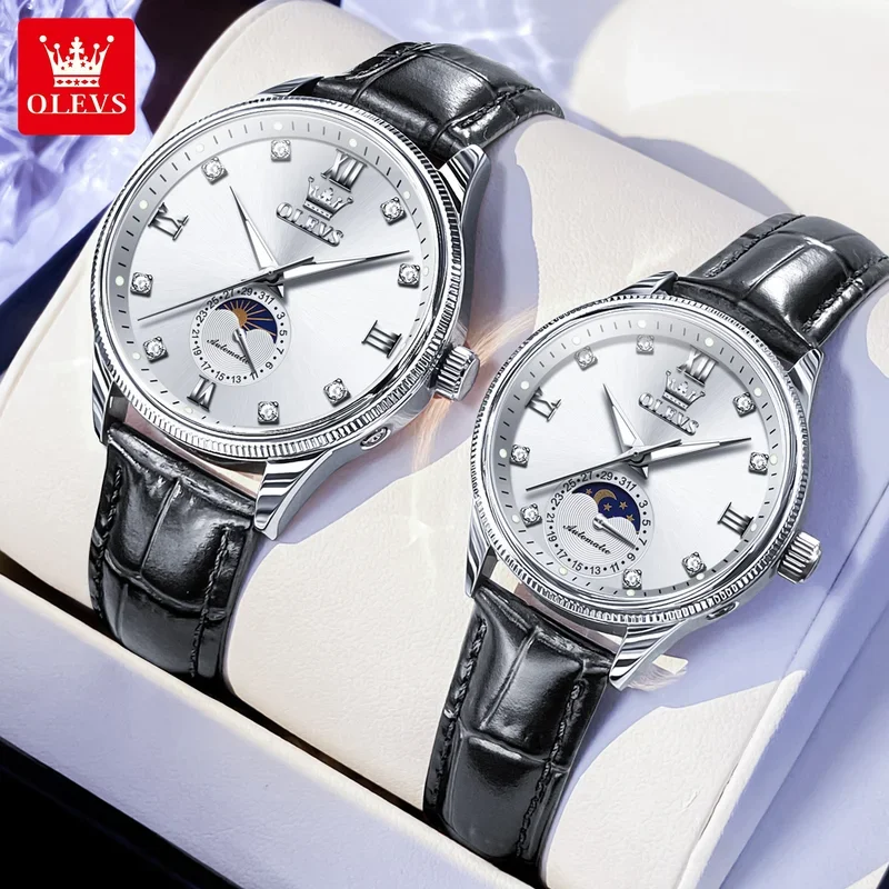 OLEVS 7039 Fashion Couple Watches Top Automatic Mechanical Watch Lover Moon Phase Waterproof His and Her Wristwatch