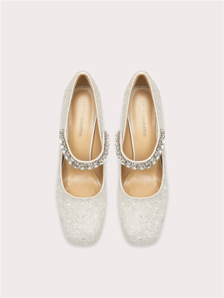 Spring new square toe shallow sequin rhinestone wedding shoes thin high heel banquet dress large size small size women's shoes