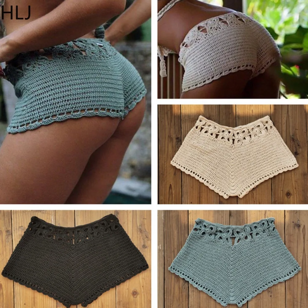 HLJ Sexy Solid Color Hollow Out Hole Knitting Shorts Women High Waisted Elasticity Beach Holiday Shorts Fashion Female Bottoms