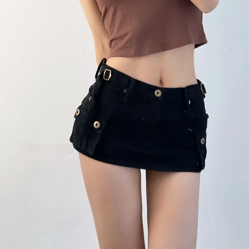 DEEPTOWN Denim Cargo Mini Skirt Women Korean Style Low Waist Slim Sexy Vintage Streetwear Green Jean Skirt Y2k Girl Summer