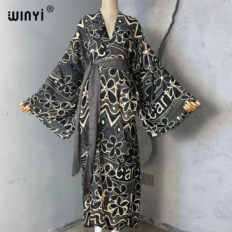 

WINYI summer Fashion printing Self Belted dress Women Elegant home clothes Beach Wear Cover Up African Muslim Lady Hijab Kimonos