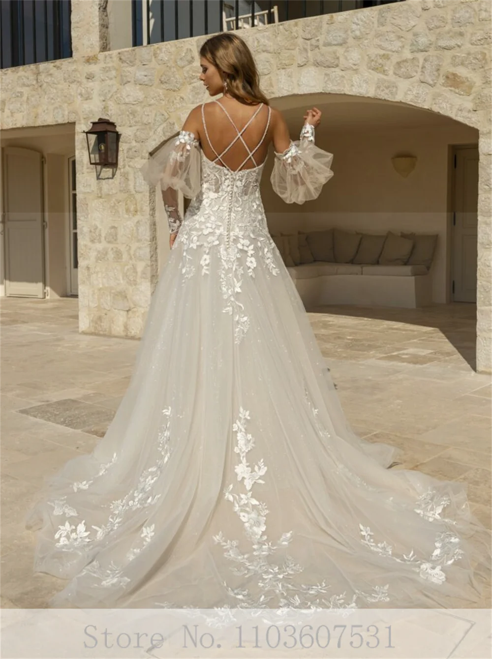 Vestido de novia de encaje con apliques florales para mujer, traje de corte acampanado con tirantes finos y manga abullonada extraíble