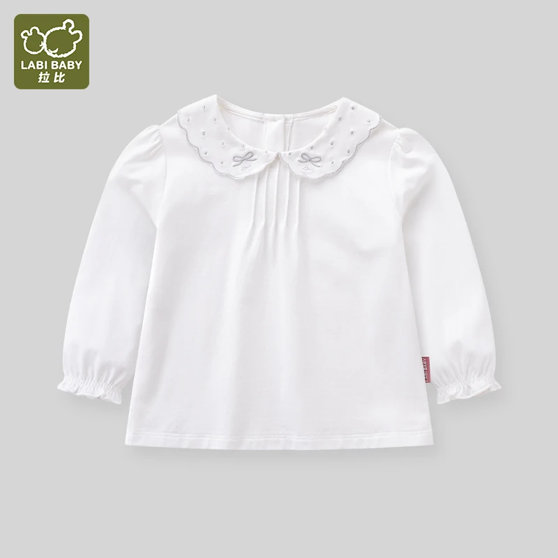 LABI BABY Spring Autumn Girls Cotton Top Shirt Cute Children White Lapel Clothes for Kids Long Sleeves Blouse 1-6 Year Old