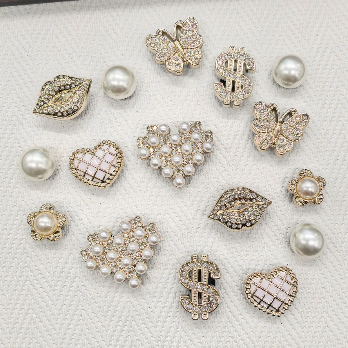 16PCS Bling Dollar Butterfly ABS Clog Shoe Charms DIY Decorations Golden Lips Heart Shoe Buckles Accessories Flower Shoe Clips