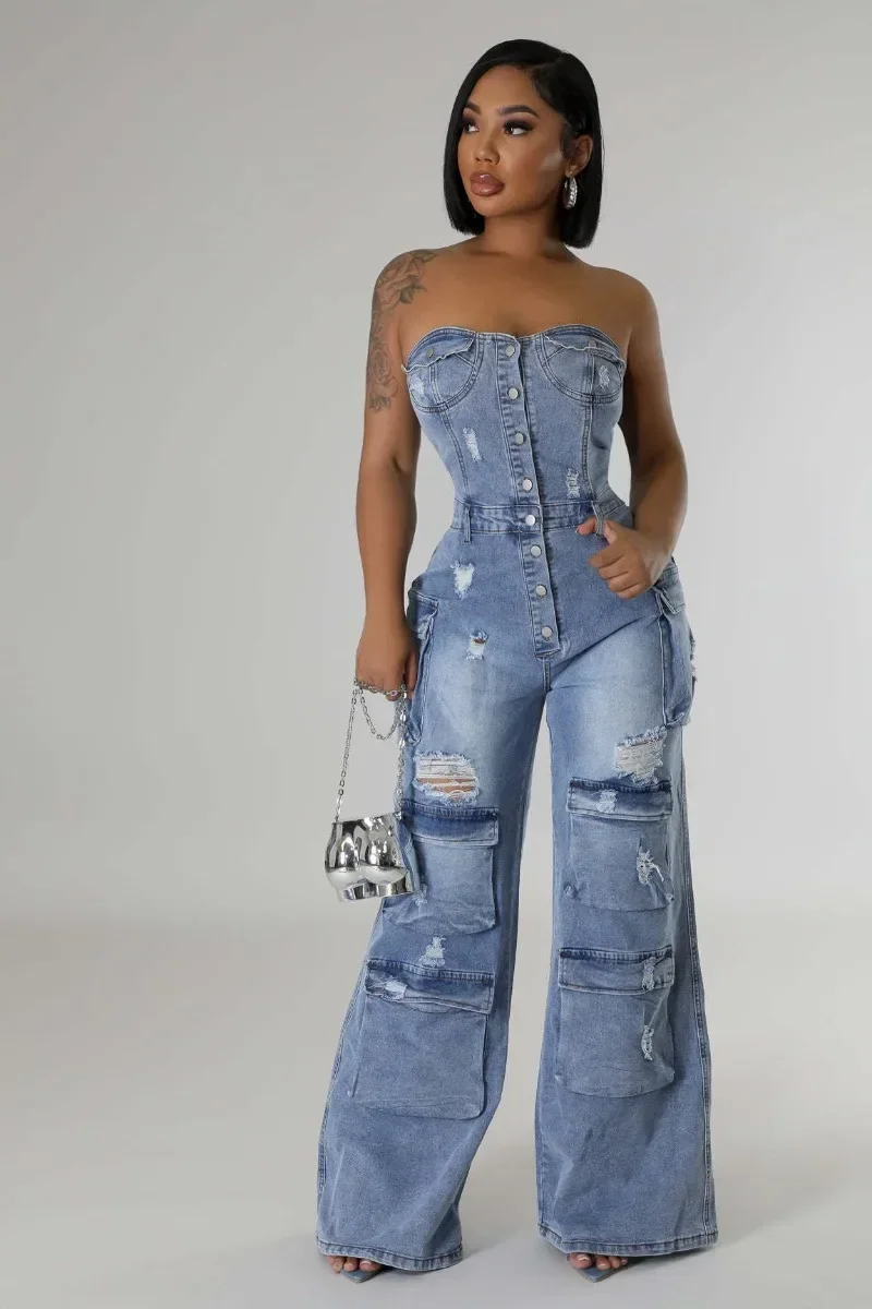 

Women Fashion Sexy Strapless Denim Cargo Jumpsuits Multi Pockets Single Breast Backless Wide Leg Pants Jeans One Piece Overalls