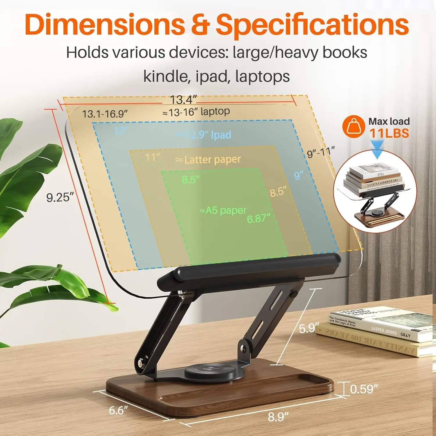 Multifunctional 360° Swivel Foldable Textbook Stand Adjustable Aluminum Alloy Reading Stand With Spring Clip For Laptops, Tablet