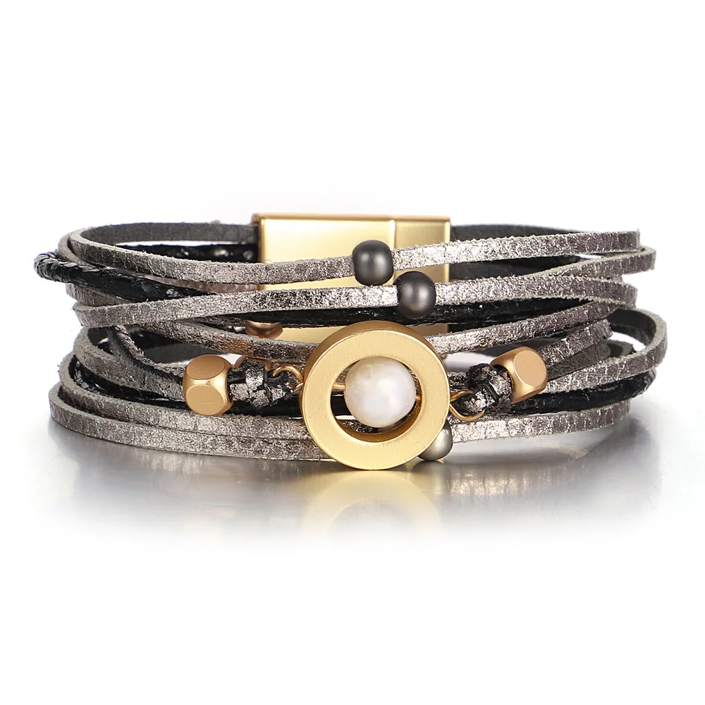 ALLYES Irregular Pearl Beads Leather Bracelet for Women Men Bohemian Multilayer Wrap Bangle Bracelets Party Jewelry Gifts