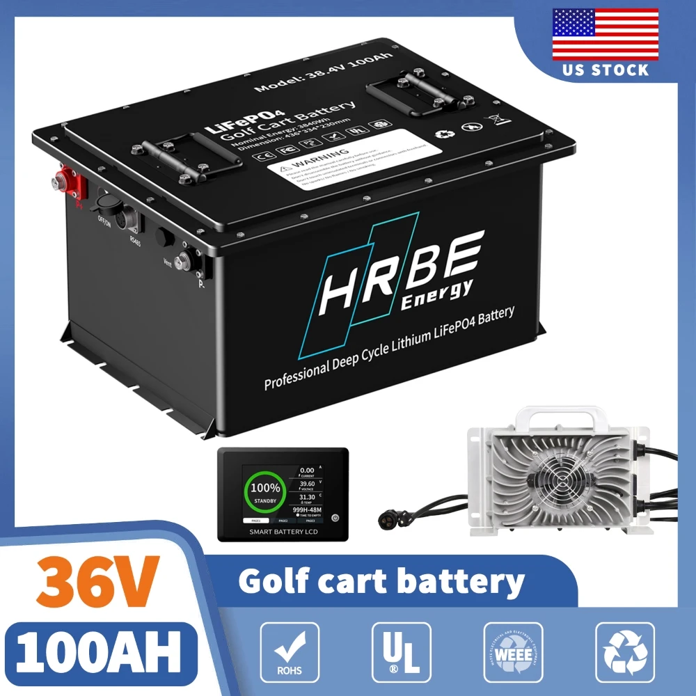 36V 100Ah LifePo4 Lithium Battery with External Monitor and 20A Charger,Ideal for Golf Carts, Trolling Motors,RV,Marine Use