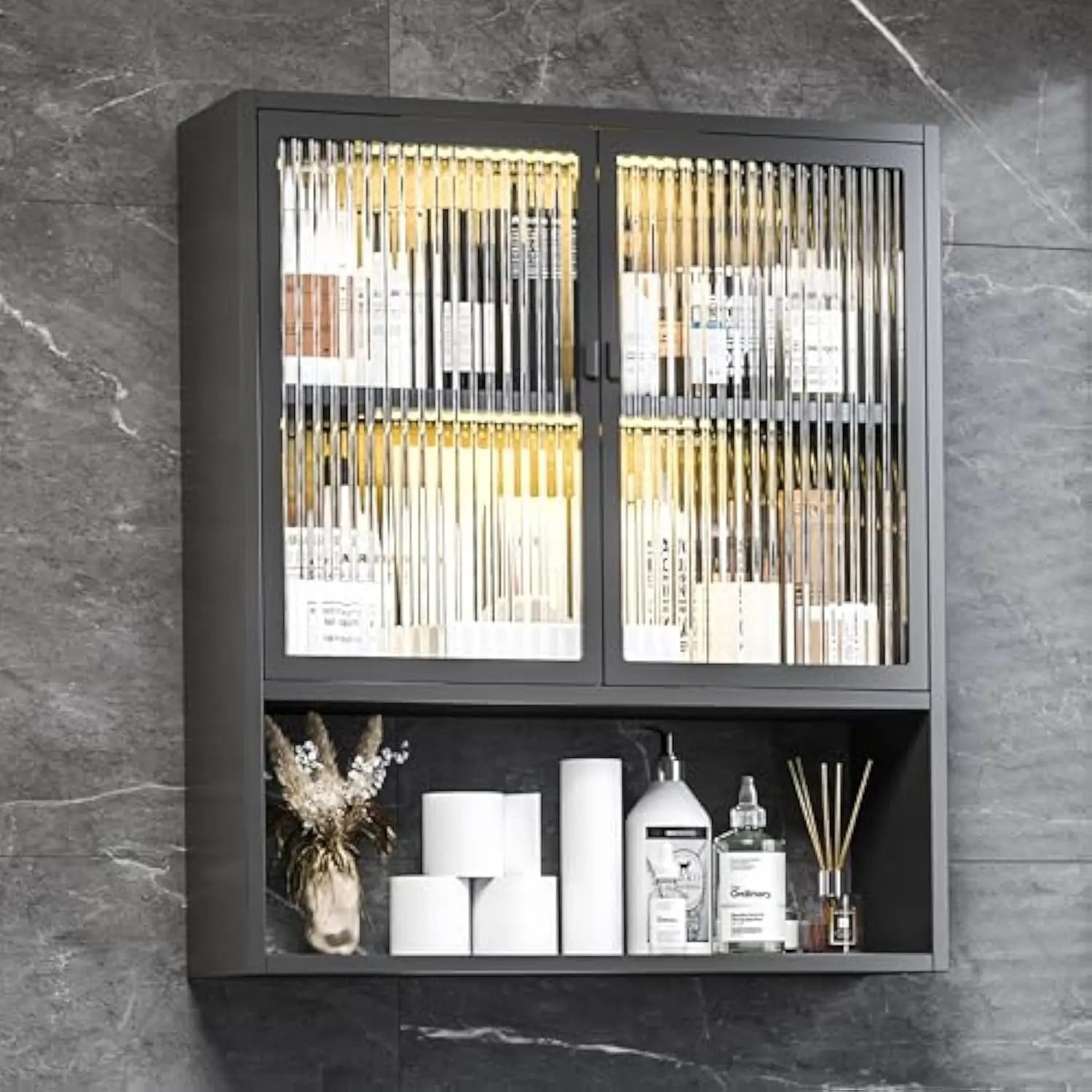 

Bathroom Cabinet Wall Mount,Metal Medicine Cabinets with Glass Doors and LED Light,Wall Cabinet Over The Toilet,Black Hanging C