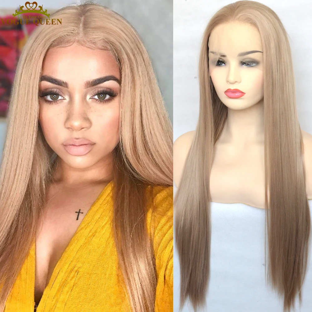 

Voguequeen Honey Ash Blonde Color Synthetic Lace Front Wig Long Silky Straight Heat Resistant Fiber Daily Wear For Women