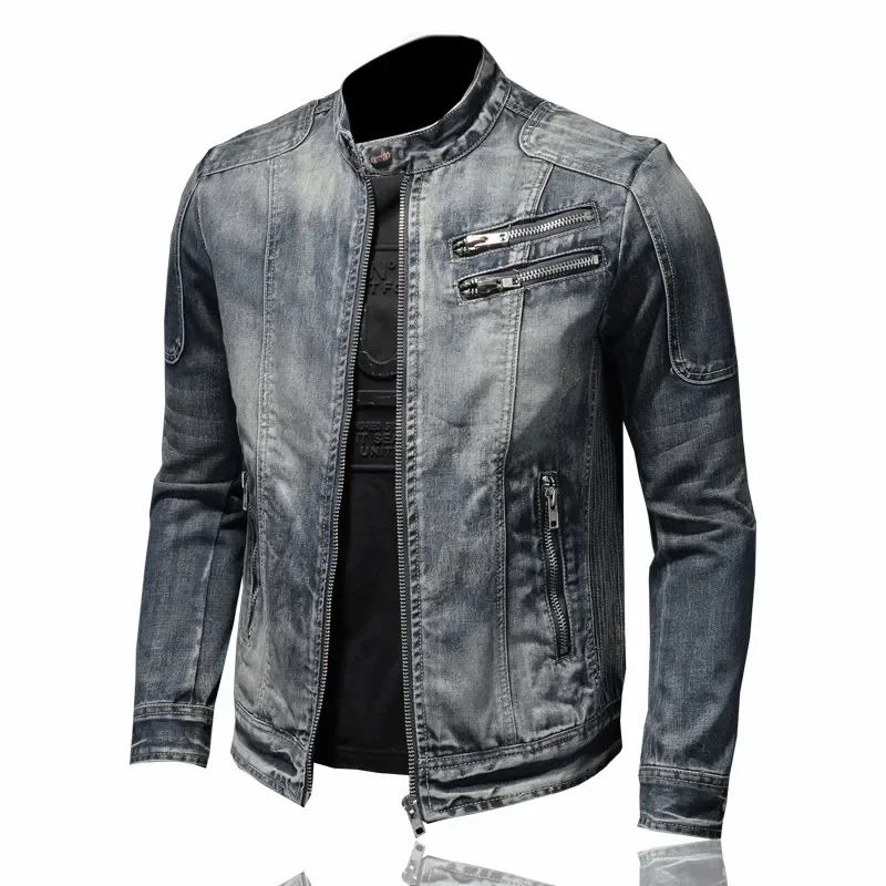 Military Denim Jacket Men Spring Autumn Motorcycle Slim Fit Cowboy Jackets Mens Vintage Wash Oblique Zipper Jean Coats Size 4XL