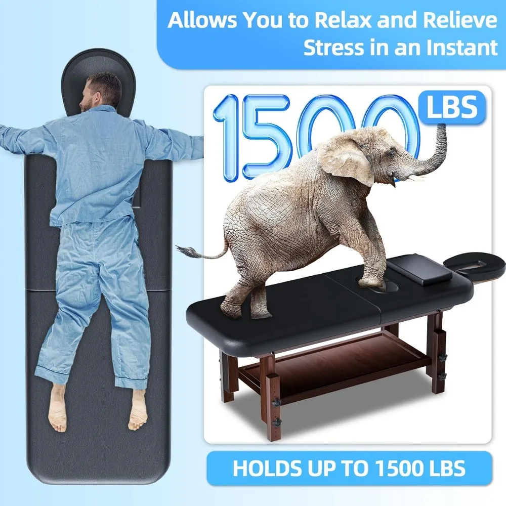 طاولة تدليك واسعة قابلة للتعديل مقاس 31 بوصة مع مسند ظهر لعلاجات السبا الاحترافية، جلد أسود، تدعم ما يصل إلى 1500 رطل #2