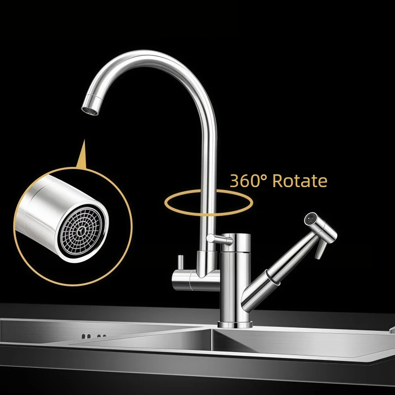 304 Kitchen Faucet Hot and Cold Sink Retractable Rotatable Stainless Steel Multifunctional Sink