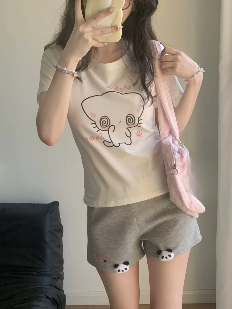 الصيف Harajuku خمر الكرتون طباعة تي شيرت Preppy نمط الأبيض Y2k الجمالية بلايز عادية المرأة الجرونج Kawaii لطيف القمم